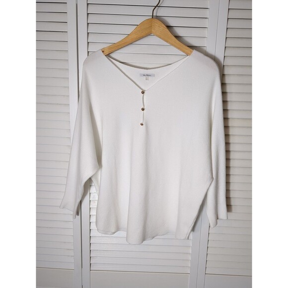 Vida Milano Women's L Ivory White Soft V Neck Pullover 3 Gold Button Sweater - Picture 1 of 9